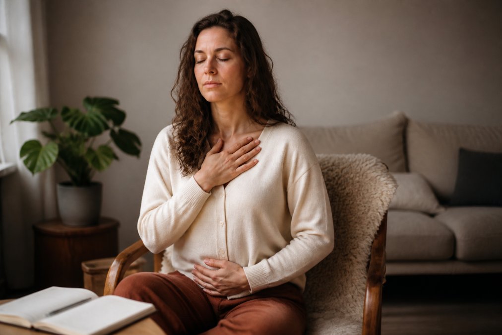 A woman in her thirties sitting comfortably in a softly lit room with eyes closed, appearing calm and reflective, perhaps with a journal nearby, suggesting a therapeutic or meditative moment