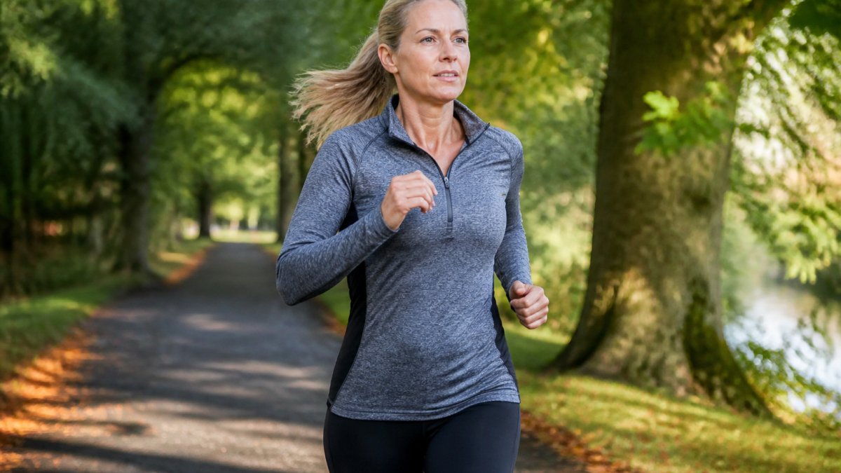 A woman in her forties running on a tree-lined park path, focused and determined, wearing comfortable running gear in soft morning light
