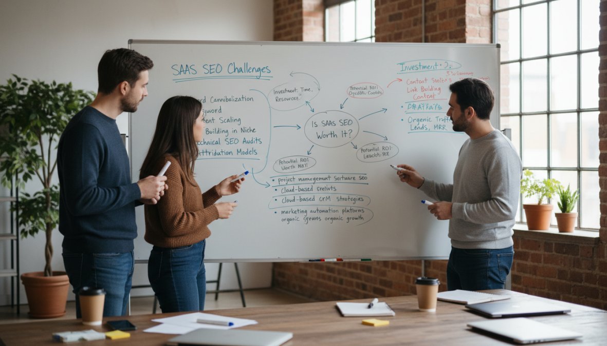 A small growth team of three people gathered around a whiteboard covered in SEO strategy notes, keyword lists, and content planning diagrams in a bright startup office, casual attire, collaborative atmosphere