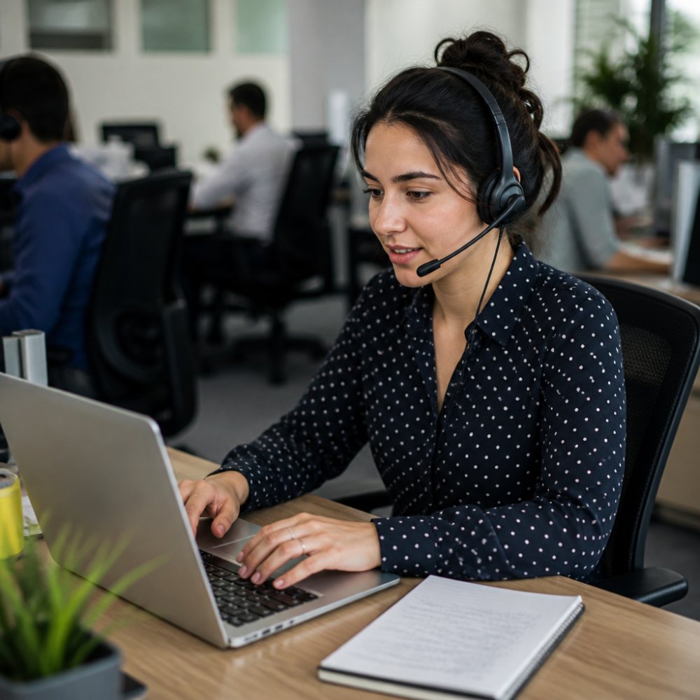 A sales professional wearing a headset working at a laptop in a modern office, with a CRM dashboard visible on the screen and a notepad beside the keyboard