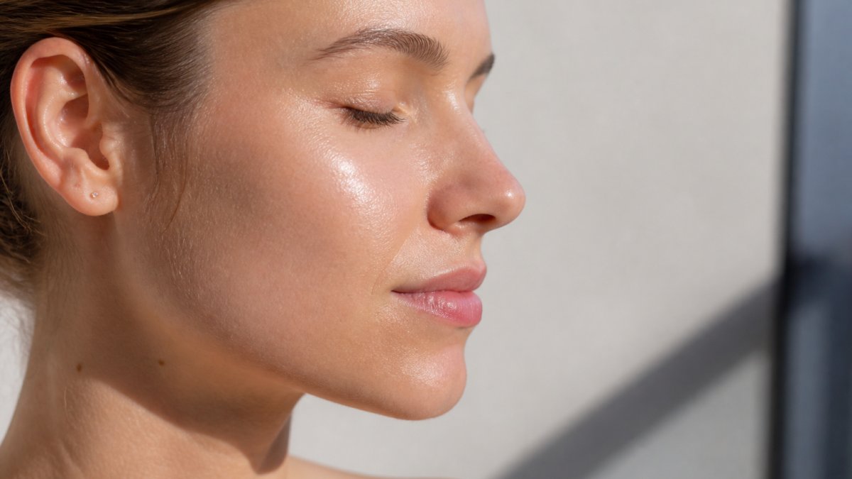 Close-up of smooth, clear skin showing refined pores and even texture after consistent salicylic acid treatment in natural daylight