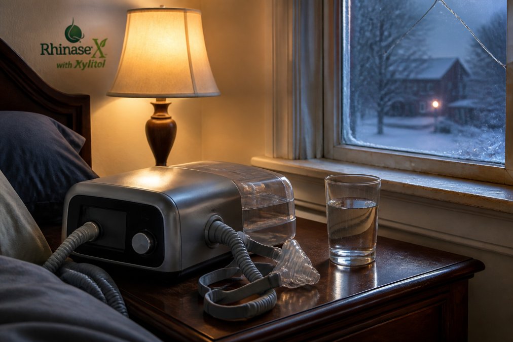 CPAP machine on a nightstand near a glass of water, where saline gel helps soothe dry winter nasal passages.
