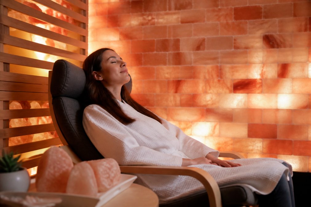 Person sitting peacefully in a modern home wellness space with glowing Himalayan salt brick walls, warm ambient lighting, and serene atmosphere