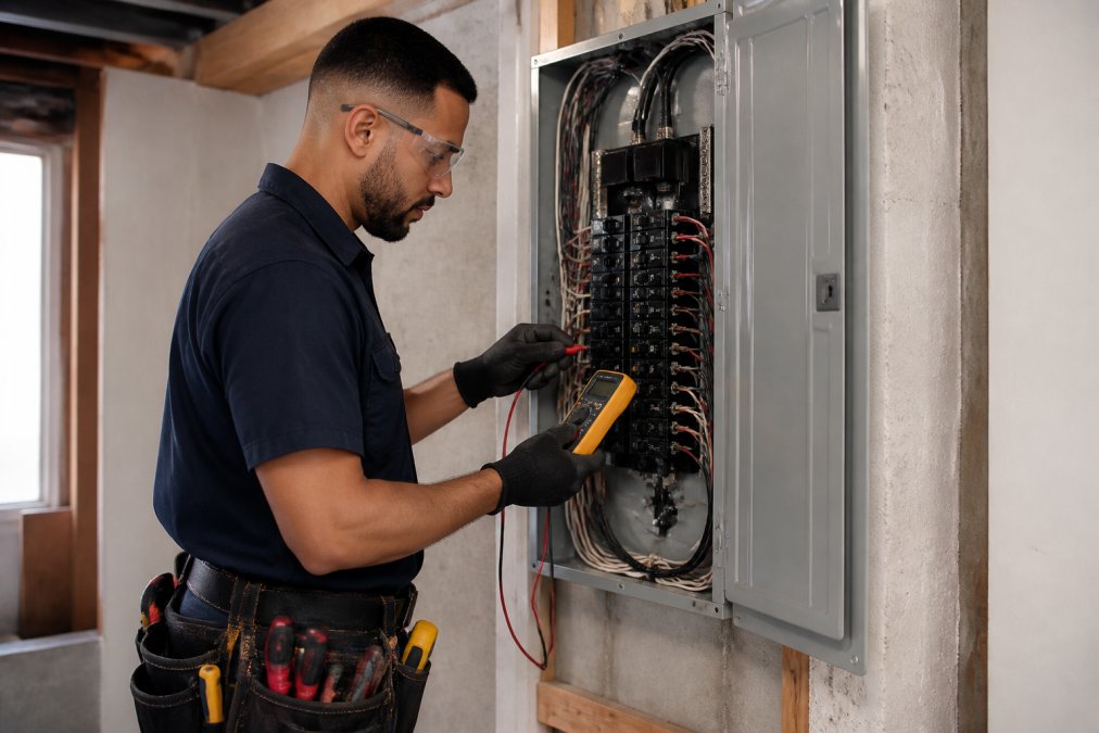Licensed electrician in uniform and safety glasses using a multimeter to test voltage at a residential electrical panel, with tools organized on a work belt and panel door open