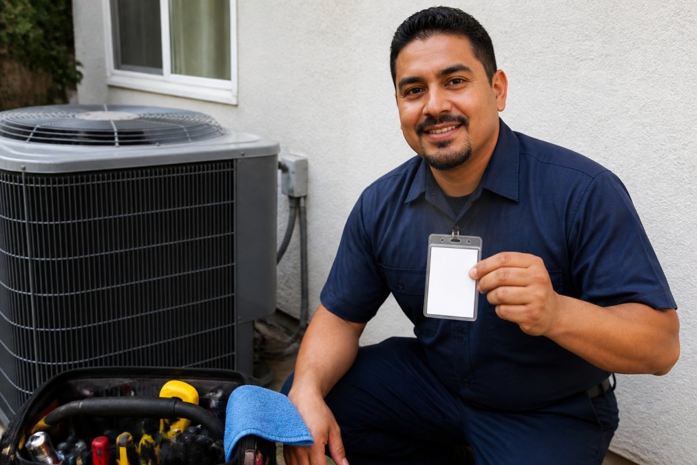 Professional HVAC technician in uniform displaying license credentials while standing beside a residential air conditioning unit mounted on exterior wall, conveying trustworthiness and professionalism