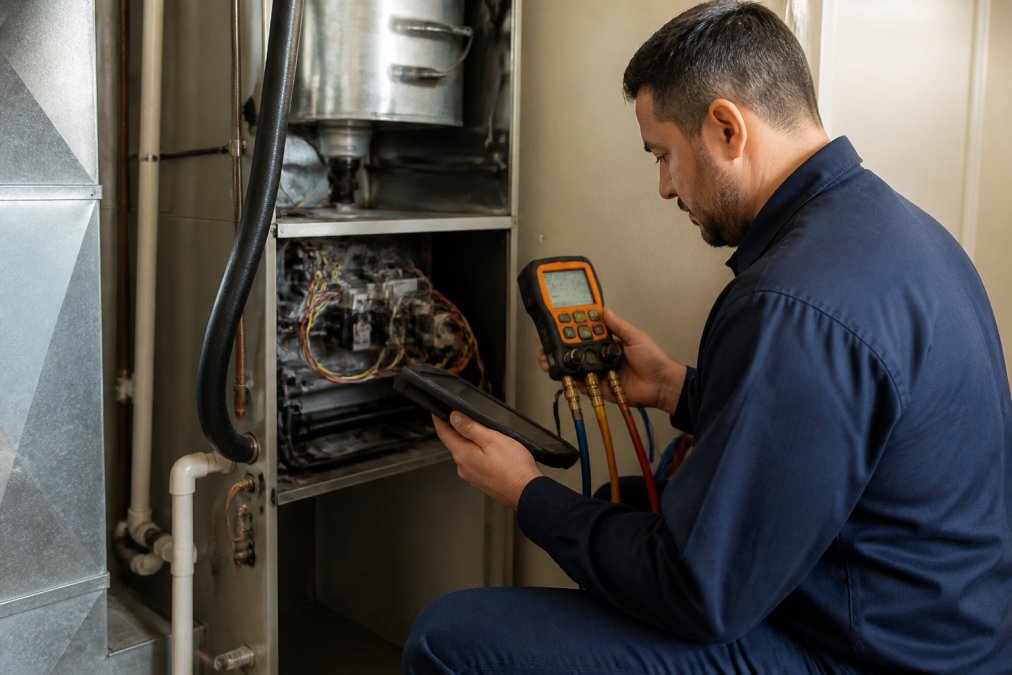 Experienced HVAC technician using digital diagnostic gauge and tablet computer to assess indoor air handler unit, displaying professional assessment tools and methodology