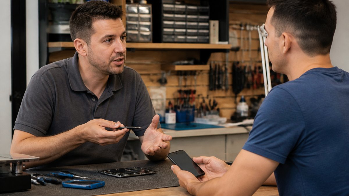Technician explaining device diagnostics to a customer at a repair shop workbench with tools