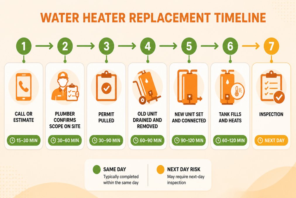 Flowchart of a same-day water heater replacement timeline showing seven steps: call or estimate, plumber confirms scope on site, permit pulled, old unit drained and removed, new unit set and connected, tank fills and heats, inspection. Same-day steps marked in green, next-day risk steps marked in amber.