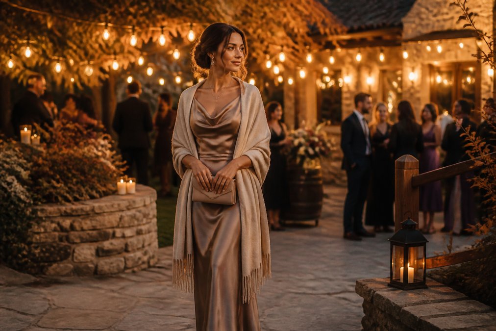 A woman in a floor-length satin gown with a soft pashmina wrap draped over her shoulders at an outdoor fall wedding venue, warm string lights glowing in the background, evening light casting a golden tone