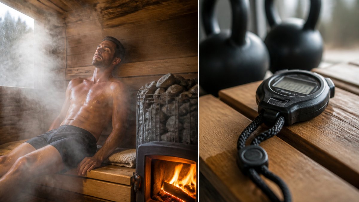 Athlete relaxing in a wood-fired sauna, steam rising around them in a peaceful moment of recovery after intense training, warm wood interior visible