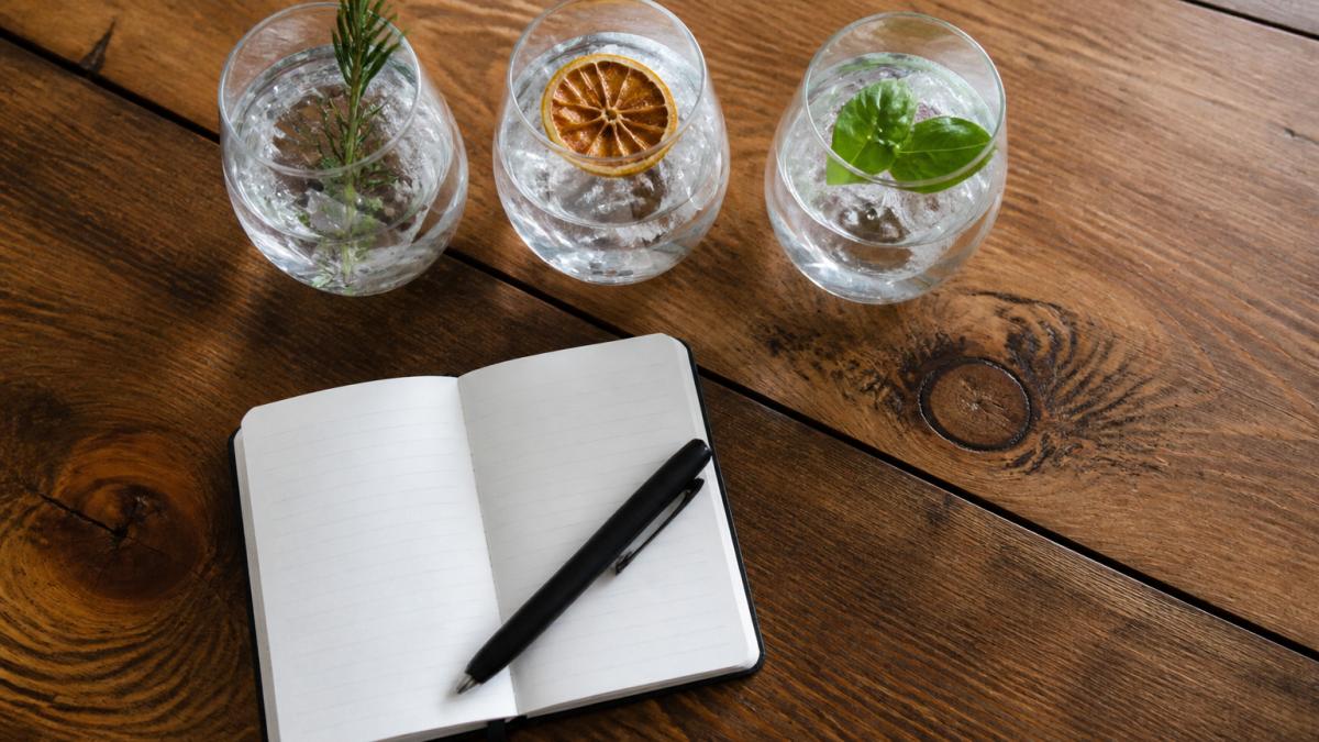 Three gin glasses with botanical garnishes on a timber bar, ideal for testing a sawmill gin alternative.