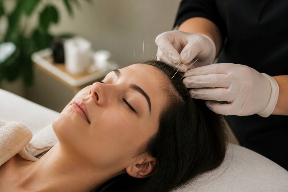 A close-up photograph of a woman lying comfortably on a treatment table with fine acupuncture needles placed along her hairline, a practitioner's gloved hands gently adjusting one needle, soft natural light, calm clinical spa setting