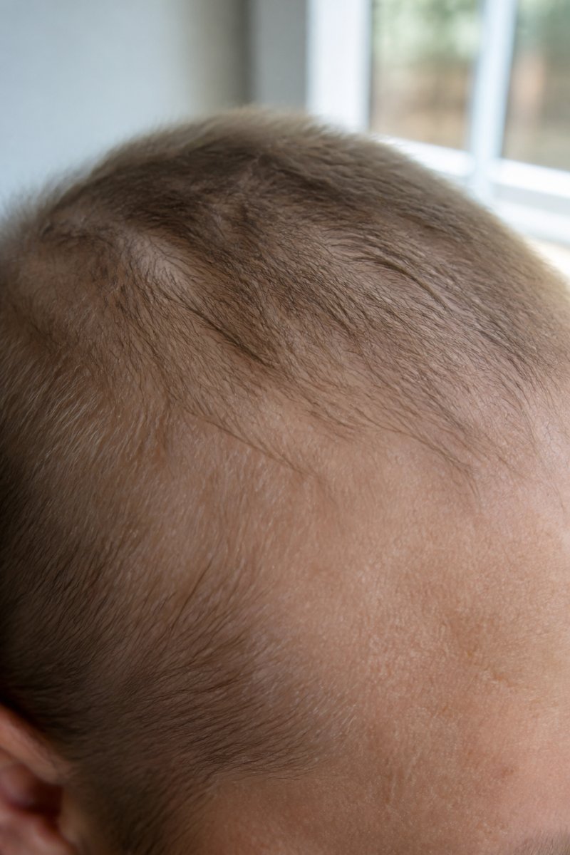 Close-up of a person's scalp showing early hair regrowth with soft new growth visible and improved skin texture, natural window lighting
