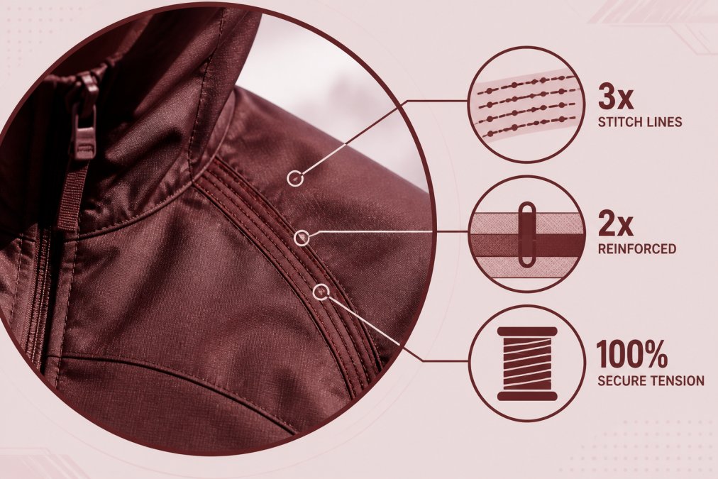 Close-up of reinforced seam stitching on sci-fi streetwear jacket showing multiple parallel stitch lines and secure thread tension, with natural daylight highlighting construction details