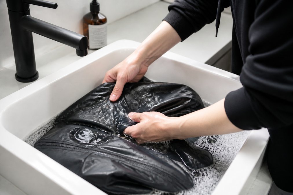 Person carefully hand-washing a sci-fi streetwear jacket in cool water in a white sink, demonstrating gentle garment care technique with focus on seam areas and fabric handling