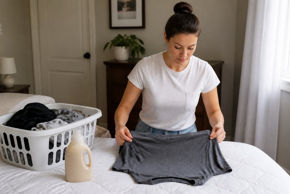 A woman at home folding a freshly washed graphic t-shirt inside out on a bed, with a laundry basket and detergent bottle nearby in soft natural light
