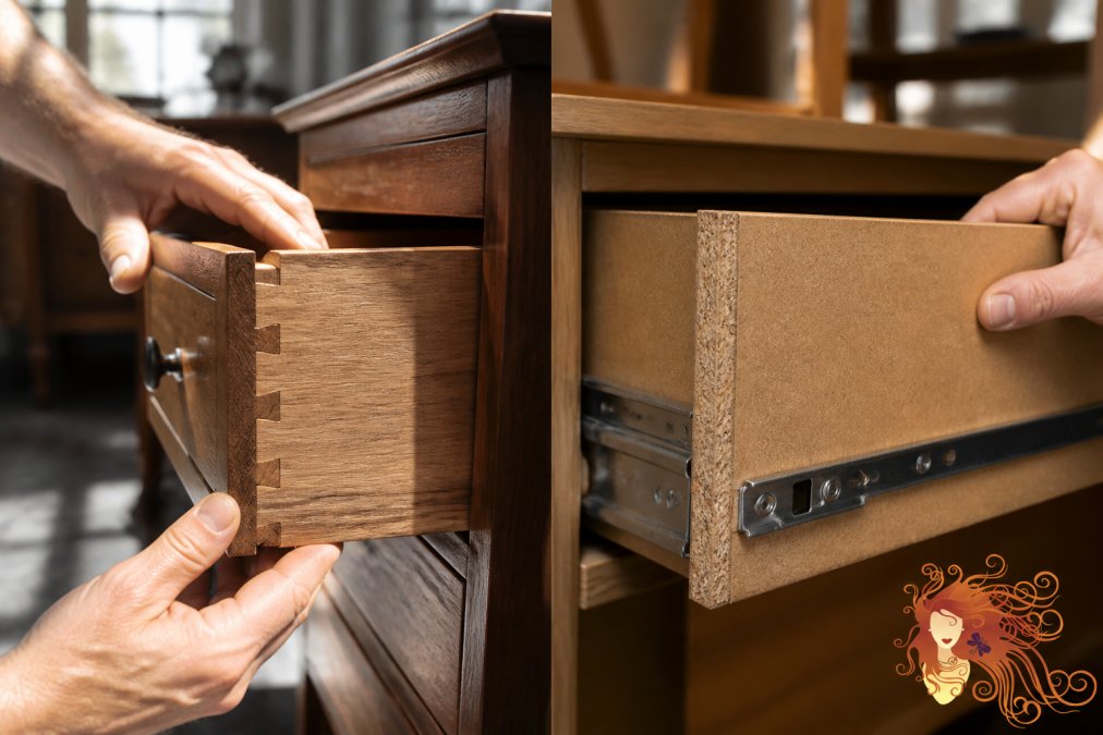 Close-up of hands inspecting wooden furniture joints, checking dovetail construction and drawer slides with natural sunlight illuminating the wood grain and joinery details