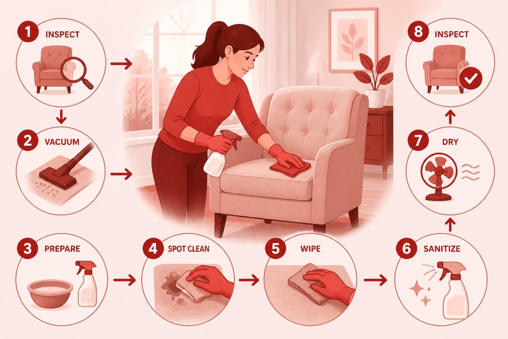 Person demonstrating proper cleaning technique on upholstered furniture with microfiber cloth and cleaning solution, showing sanitization process with natural daylight from windows