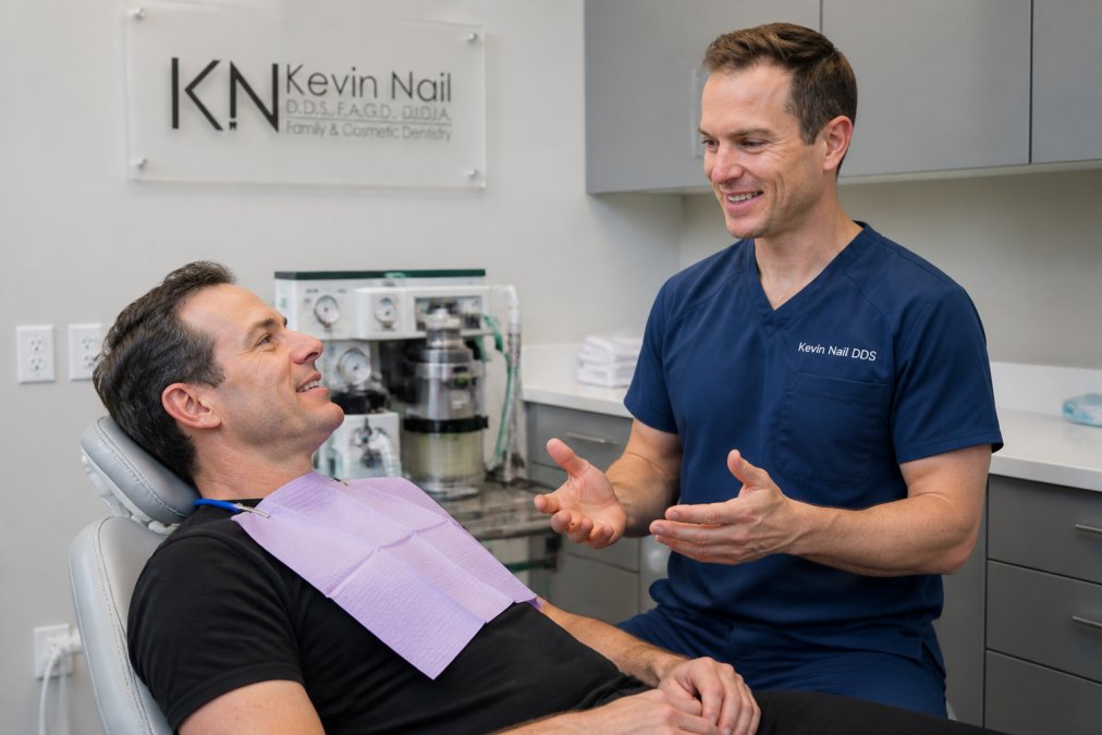 A calm, relaxed adult patient reclining in a modern dental chair while a friendly dentist in blue scrubs explains the procedure, with monitoring equipment visible in the background
