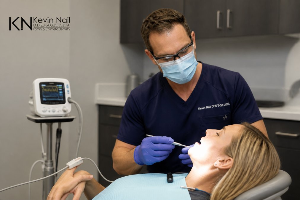 Dentist in protective eyewear and surgical mask monitoring patient in dental chair with pulse oximetry equipment visible on patient's finger, modern clinical setting with soft overhead lighting