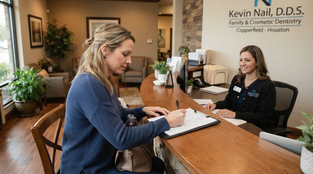 Patient completing medical history form at dental office reception desk with clipboard and pen, professional office setting with warm lighting