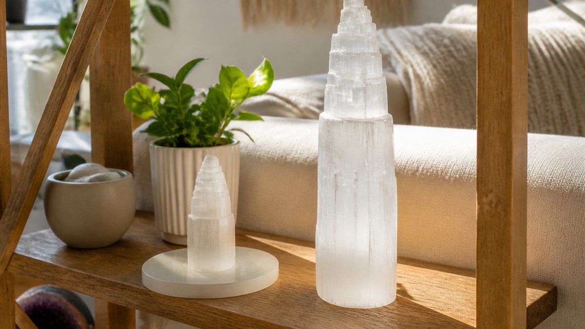 Translucent crystal tower and charging plate resting on a sunny wooden shelf in a bright living room