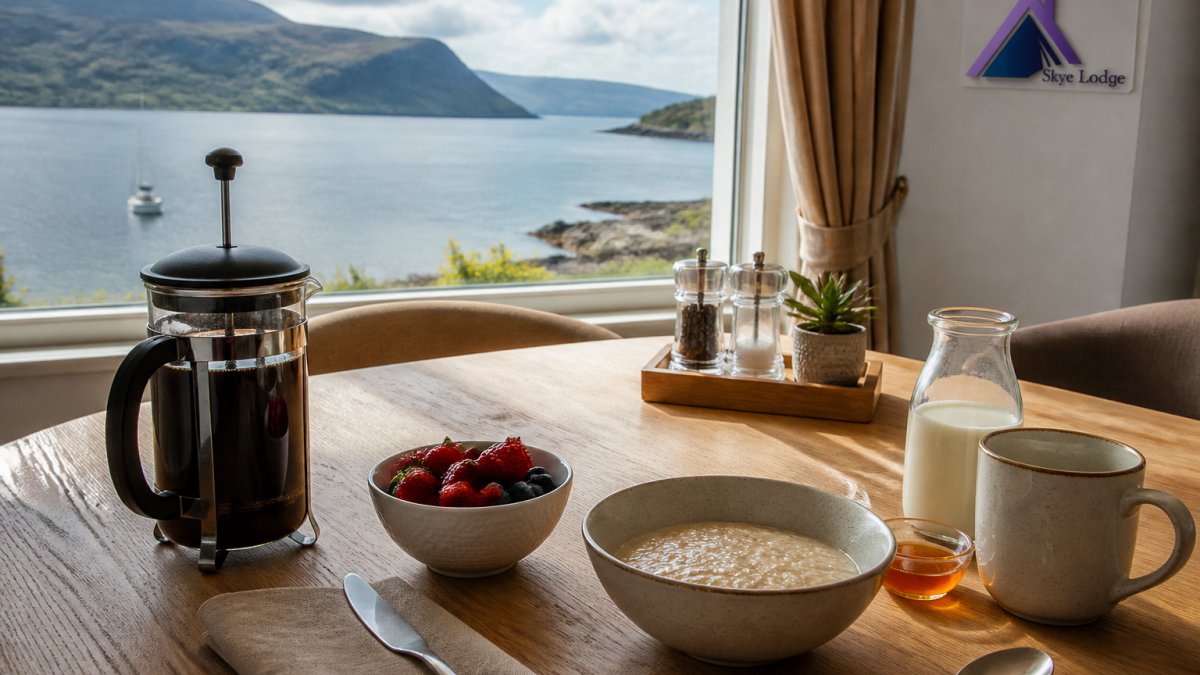 A breakfast table in a guesthouse dining room set with a small bowl of fresh berries, porridge, and a cafetiere, with a view of a Scottish loch through the window behind it