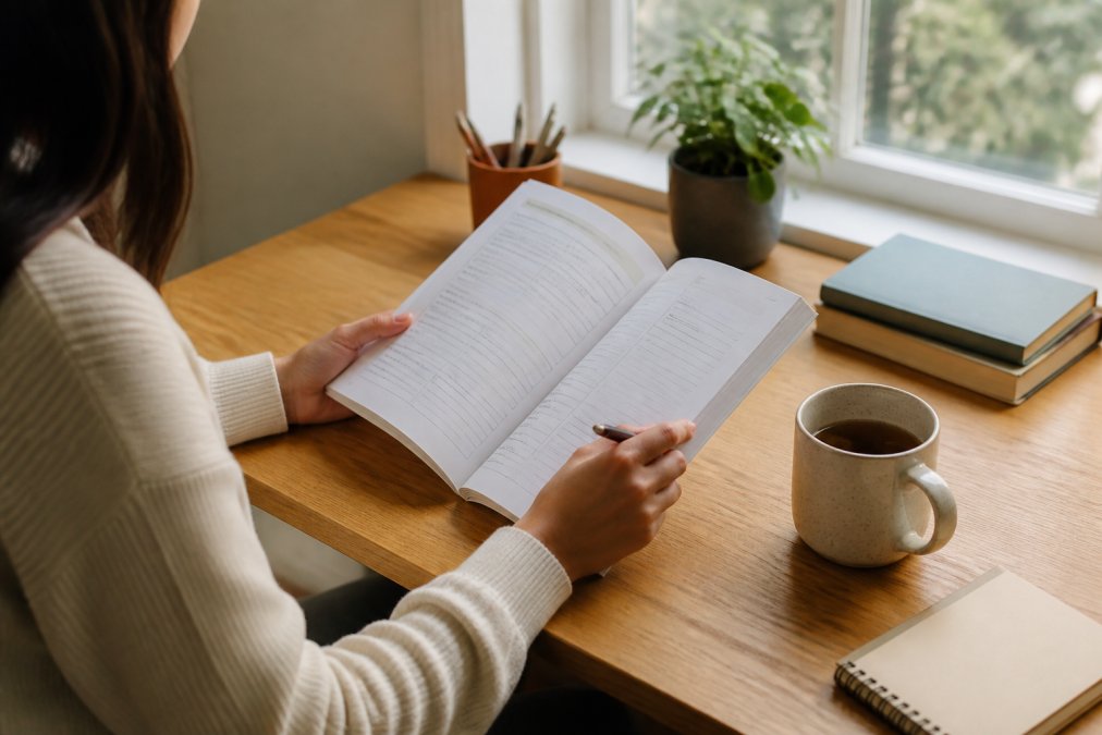 A person sitting at a clean wooden desk at home, holding an open workbook with a pen in hand, a mug of tea nearby, and soft natural light coming through a window