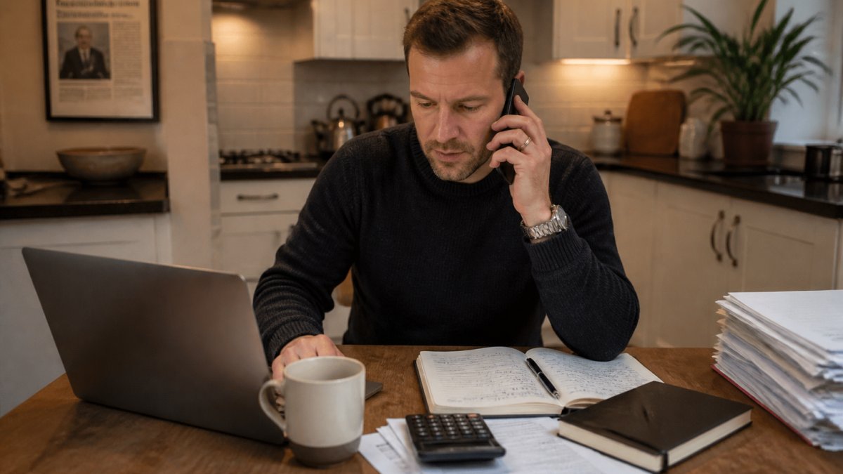 A landlord sitting at a kitchen table in the evening with a phone to one ear, a laptop open to a spreadsheet of rent payments and a notebook of maintenance jobs beside a mug of tea