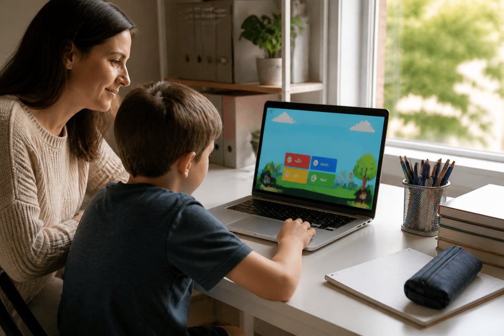 A parent and primary school-aged child sitting together at a home desk, the child working on a laptop showing an educational lesson with colourful quiz graphics while the parent looks on supportively, warm natural light from a nearby window