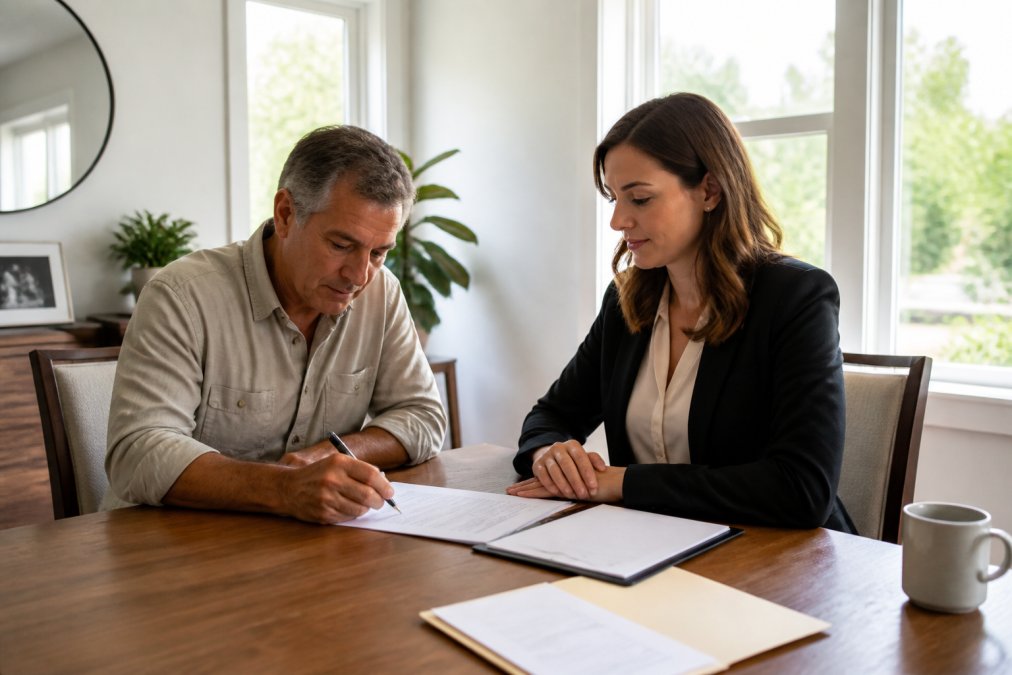 A homeowner seated at a dining table reviewing real estate documents and signing paperwork, with a professional real estate representative in business attire seated across, natural daylight from windows illuminating the scene