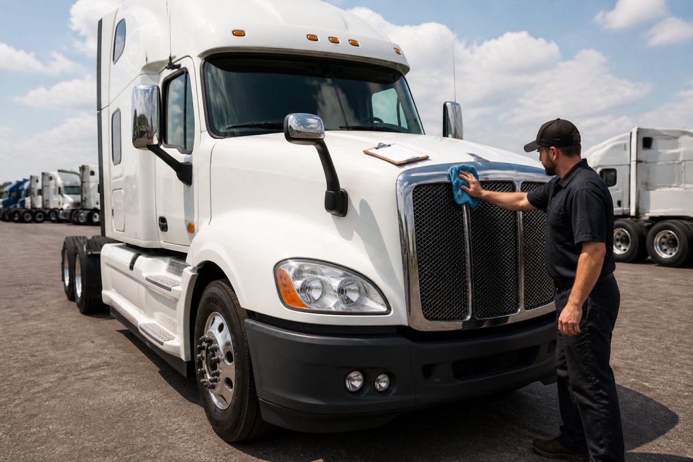 A clean Class 8 semi-truck parked on a paved lot, photographed from a front three-quarter angle in daylight, with a person in work clothes wiping down the grille and a clipboard resting on the hood