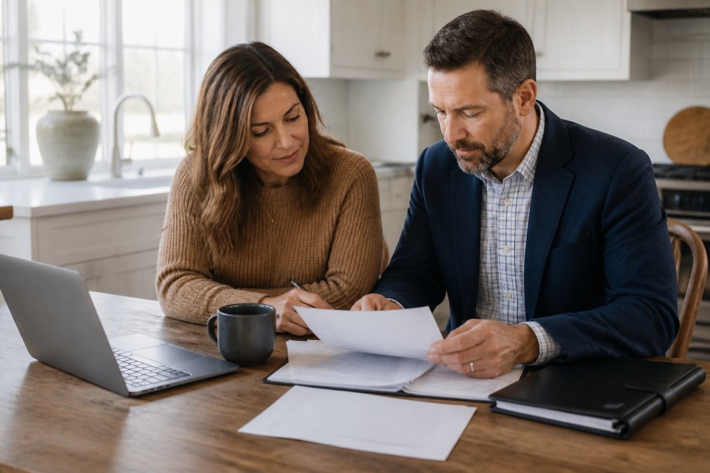 A homeowner and a real estate professional reviewing documents together at a kitchen table, with a laptop and paperwork spread out, in a bright home setting