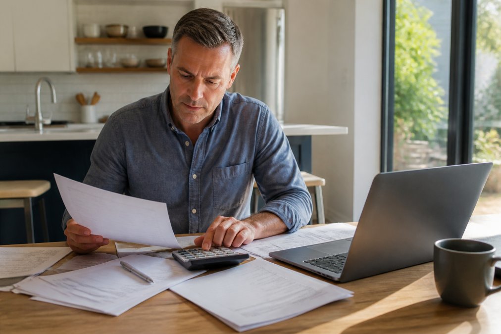 Homeowner sitting at kitchen table with financial documents, calculator, and laptop open, reviewing sale projections and closing costs with afternoon natural light streaming through windows
