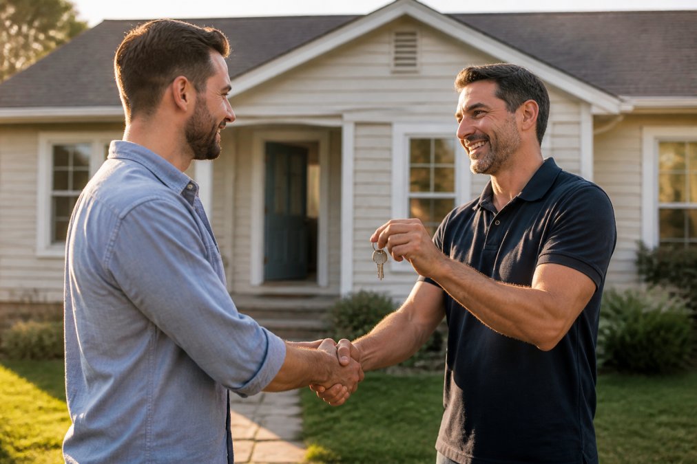 A homeowner shaking hands with a cash buyer in front of a modest house, receiving a set of keys, warm late-afternoon light, both looking relieved