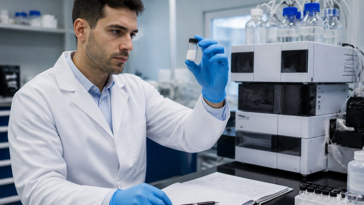 Researcher examining a vial of lyophilized peptide powder with HPLC equipment in a laboratory setting