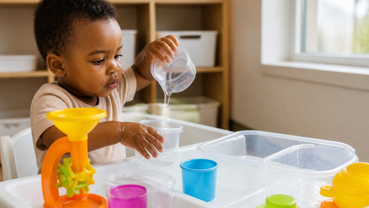 Toddler sitting at low table pouring water between plastic cups and containers, hands wet with concentration, natural daylight from window, colourful plastic toys nearby