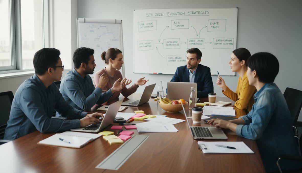 A diverse team of digital marketers collaborating around a conference table with laptops, sticky notes, and a whiteboard showing a content strategy plan with topic clusters and keyword groups written in marker