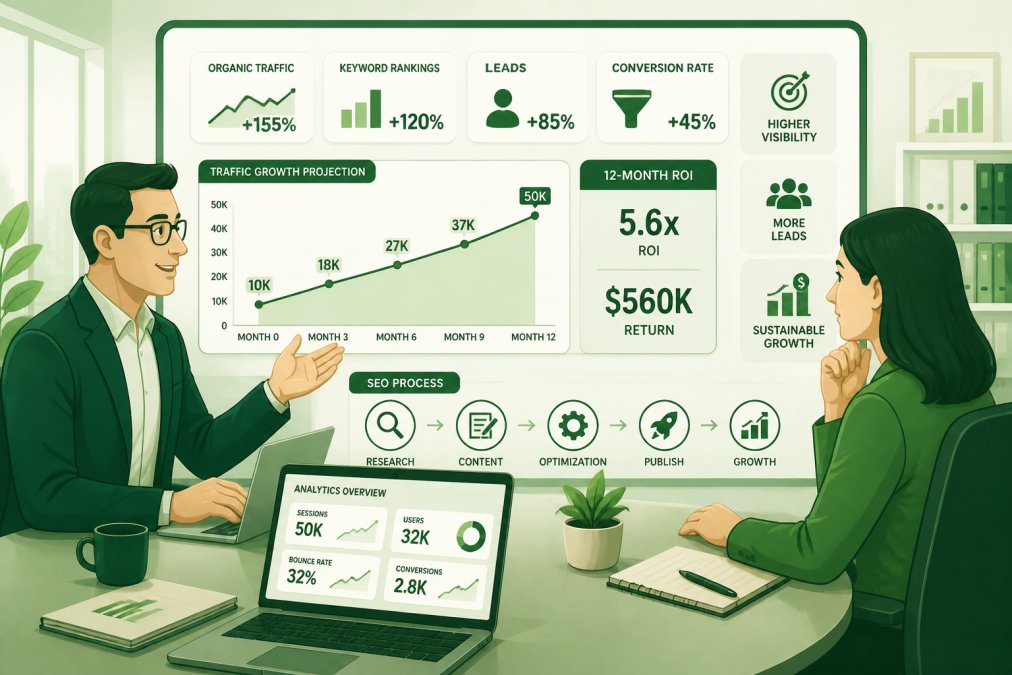 Agency professional presenting SEO strategy and ROI projections to client across conference table with laptop displaying analytics dashboard in modern office setting