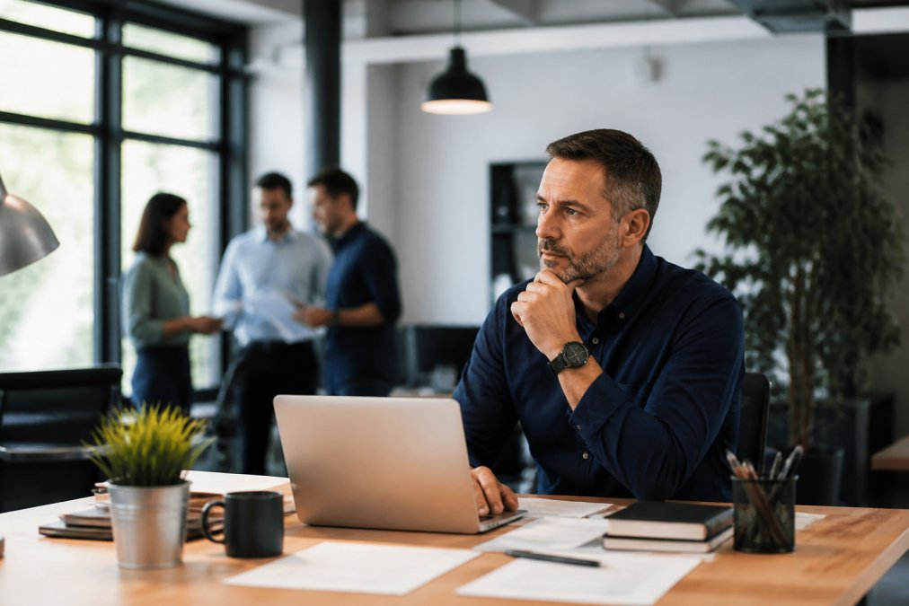 Marketing director reviewing analytics dashboard on desktop monitor in modern agency office with team members collaborating in background, natural light from windows