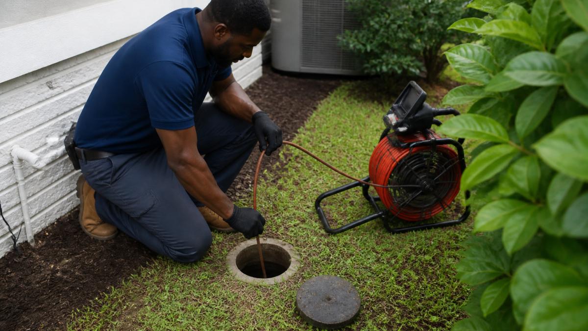 Plumber performing a sewer camera inspection by feeding a reel into a residential cleanout pipe