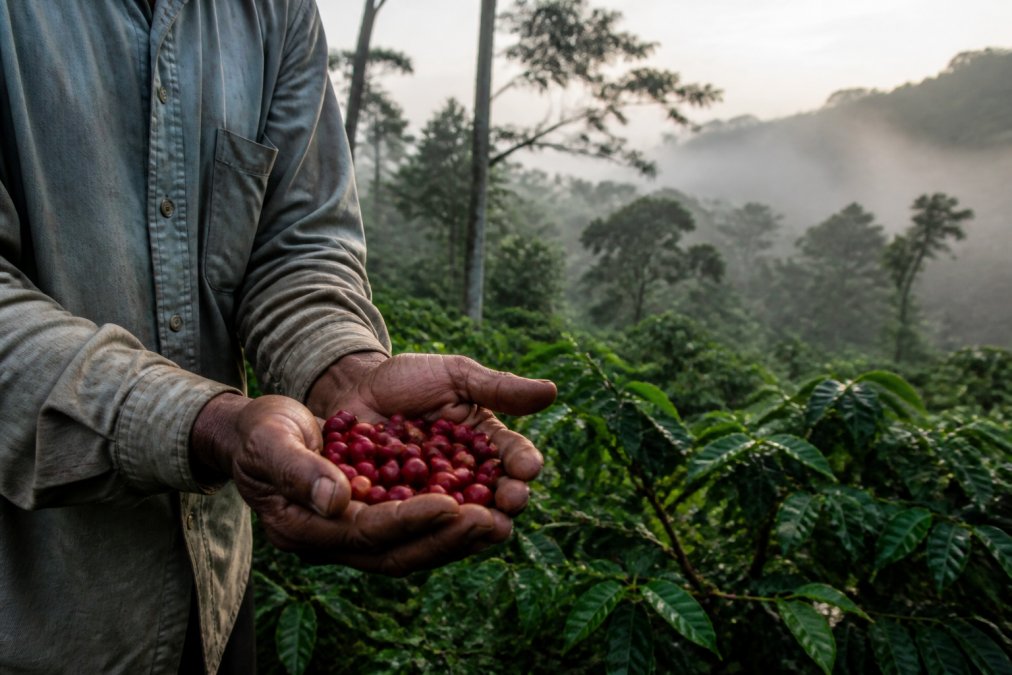 A coffee farmer's weathered hands cupping a handful of ripe red coffee cherries, picked from a bush growing beneath tall shade trees on a misty green hillside at dawn