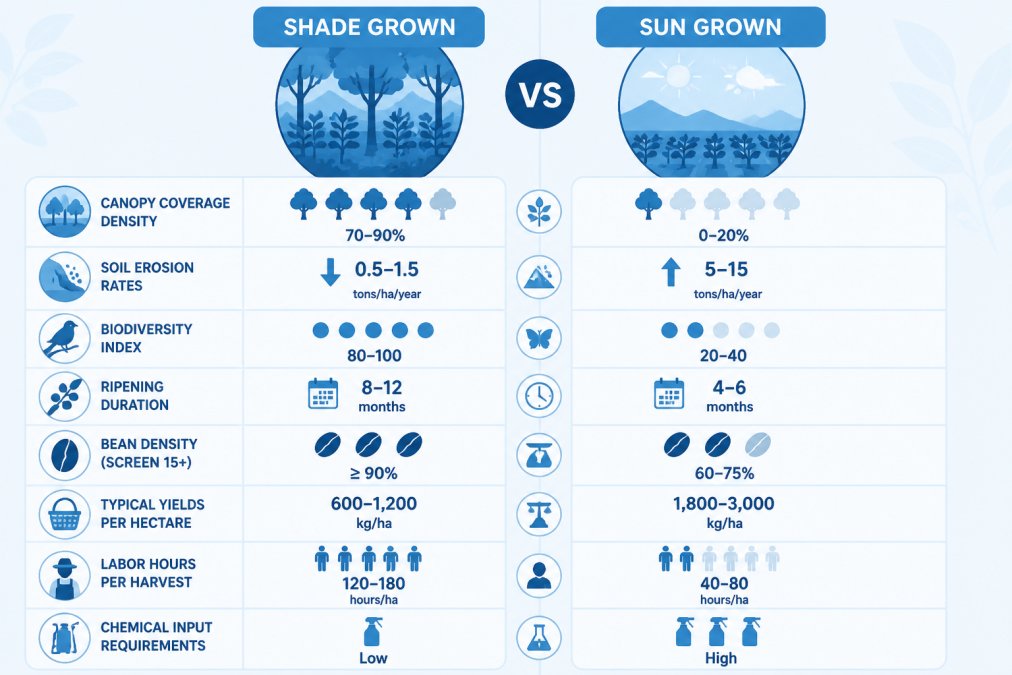 Comparison matrix showing shade-grown vs sun-grown: canopy coverage density, soil erosion rates, biodiversity index, ripening duration, bean density measurement, typical yields per hectare, labor hours per harvest, chemical input requirements