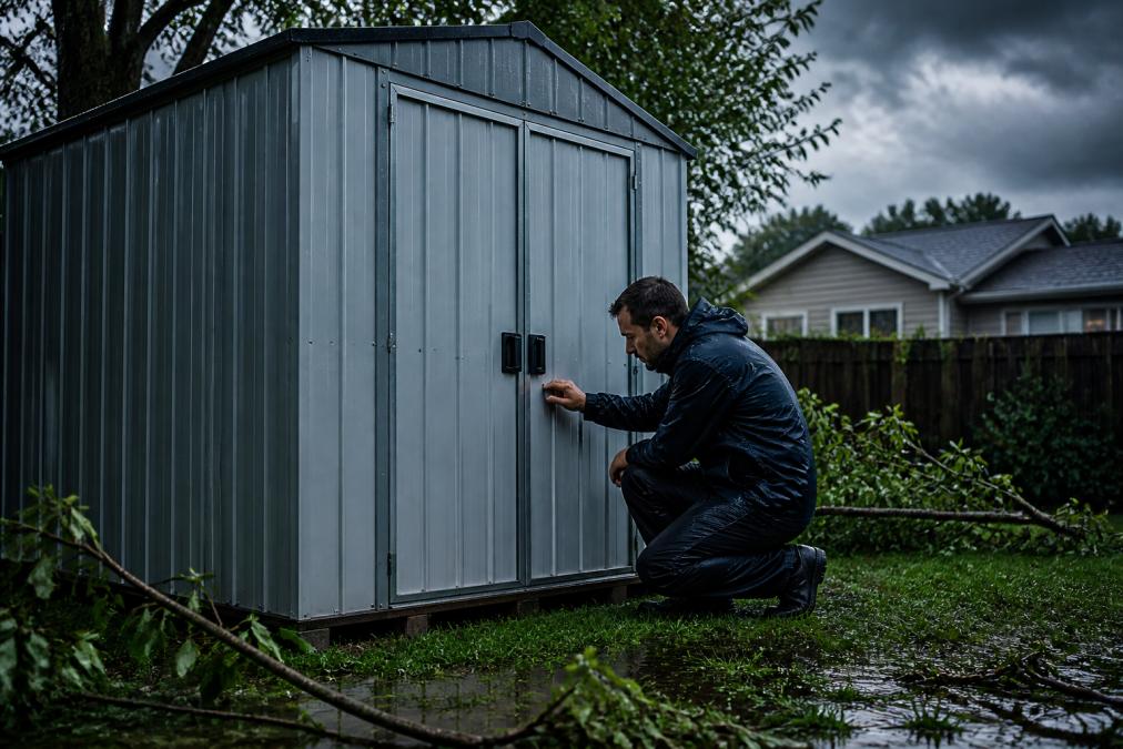 A galvanized steel storage shed with double front doors standing in a suburban backyard after a storm, wet grass and fallen branches nearby, homeowner in a rain jacket inspecting the door frame