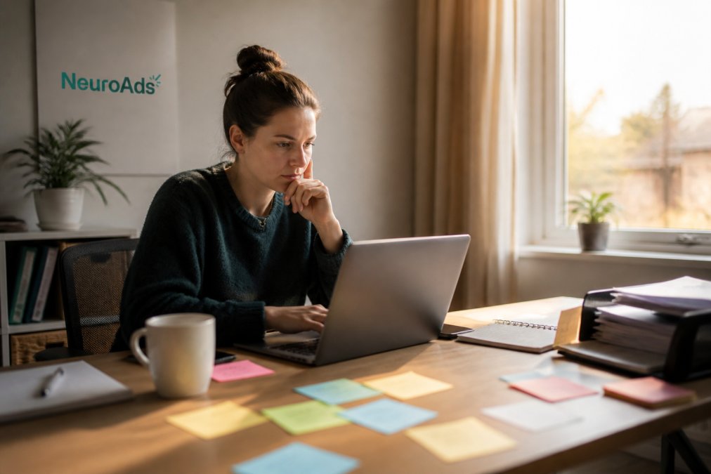 A small business owner in a home office reviewing website analytics on a laptop, sticky notes and a coffee mug on the desk, late afternoon light through a window, thoughtful expression