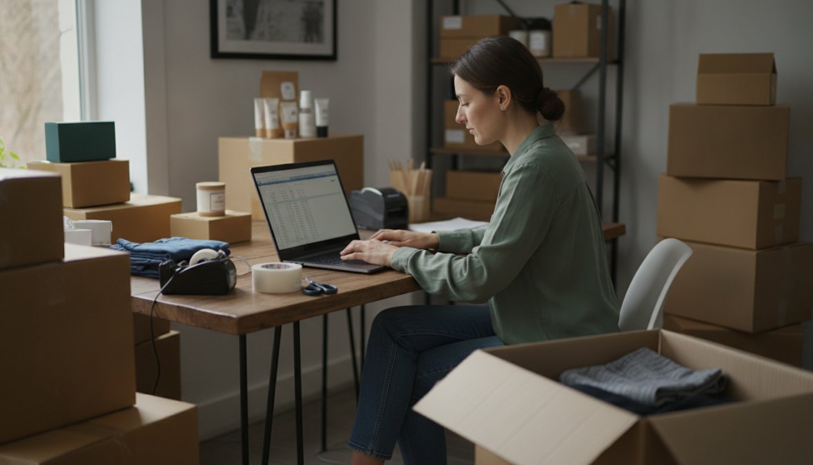 A small business owner reviewing product stock levels on a laptop at a wooden desk surrounded by packaged goods and shipping boxes in a home studio setting