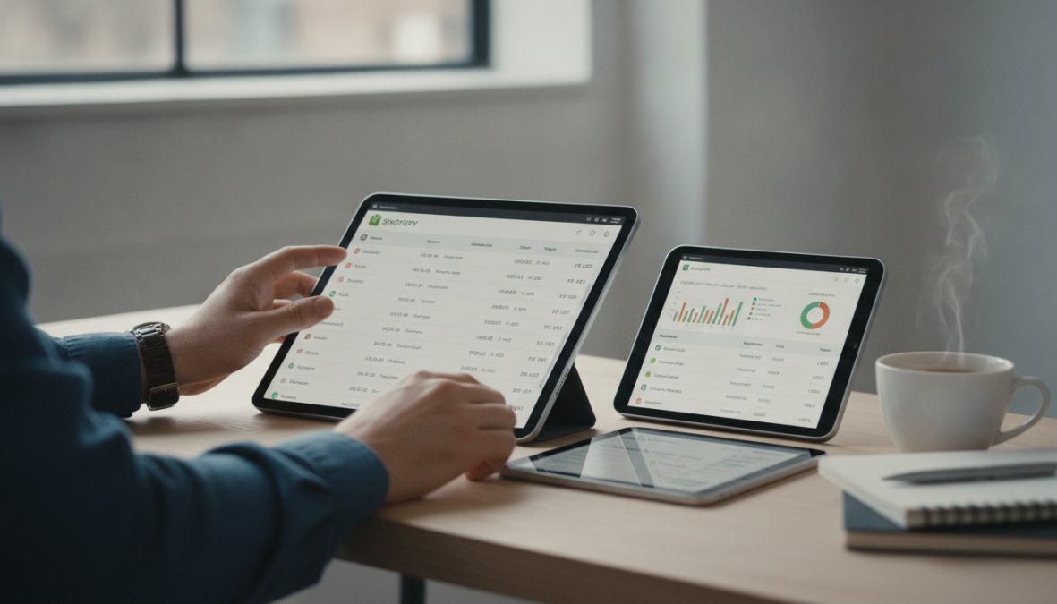 Close-up of hands scrolling through an e-commerce dashboard on a tablet, with inventory data visible on screen, placed on a clean modern desk with a coffee cup nearby