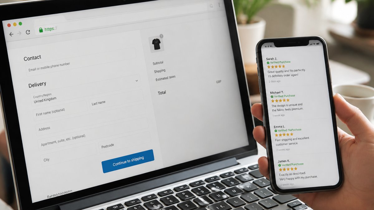 Infographic showing secure website indicators and customer review verification for safe online shopping