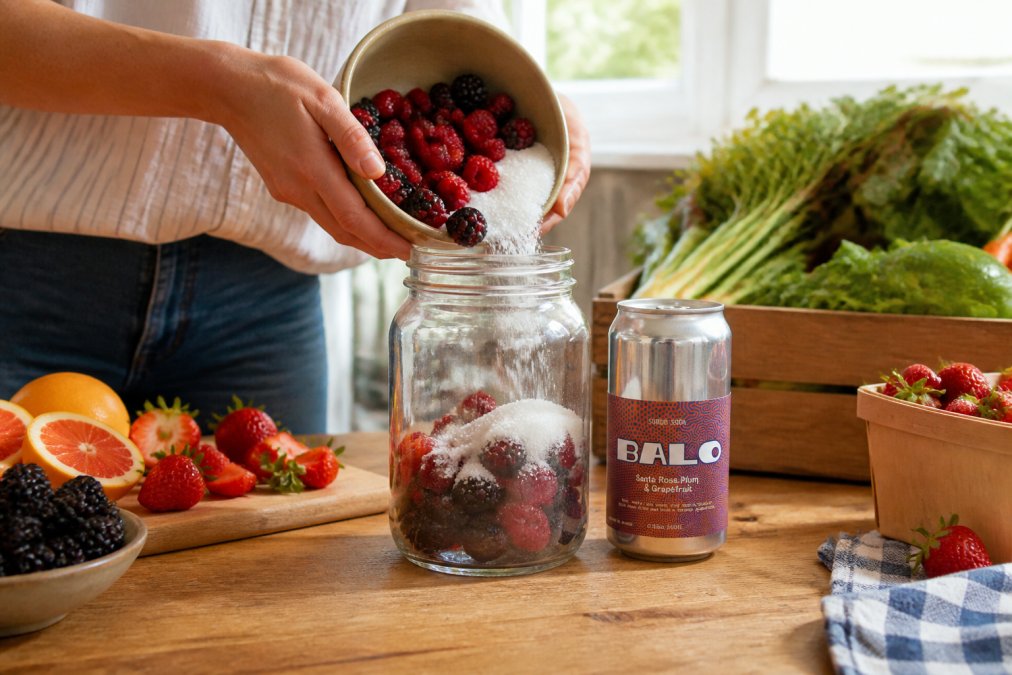 Hands pouring fresh berries and sugar into a clear glass mason jar on a wooden kitchen counter, with farmers market produce including fresh fruit visible in soft natural window lighting