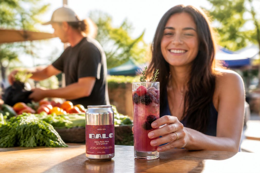 A chilled glass of shrub soda with visible botanical ingredients and fresh berries, held outdoors with afternoon sunlight creating a warm glow, blurred farmers market produce and greenery in the background